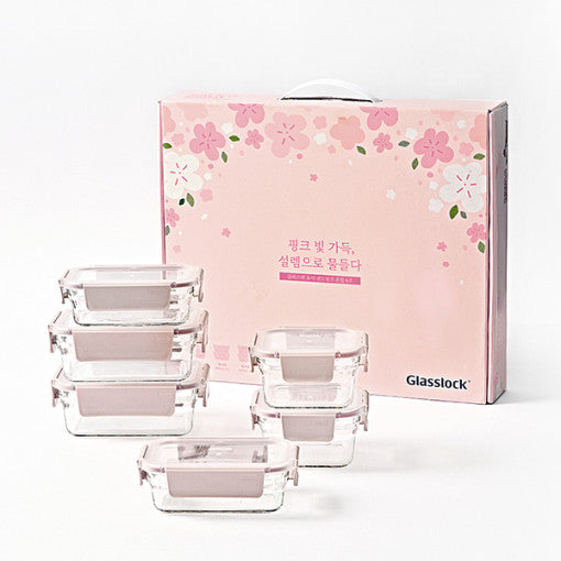 Glasslock 強化玻璃微波保鮮盒 櫻花粉晶透款 套裝01