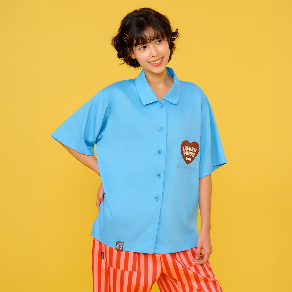 wiggle wiggle 短袖睡衣套裝 Lucky Puppy Blue Stripe（聚酯纖維／短袖睡衣／藍色條紋）