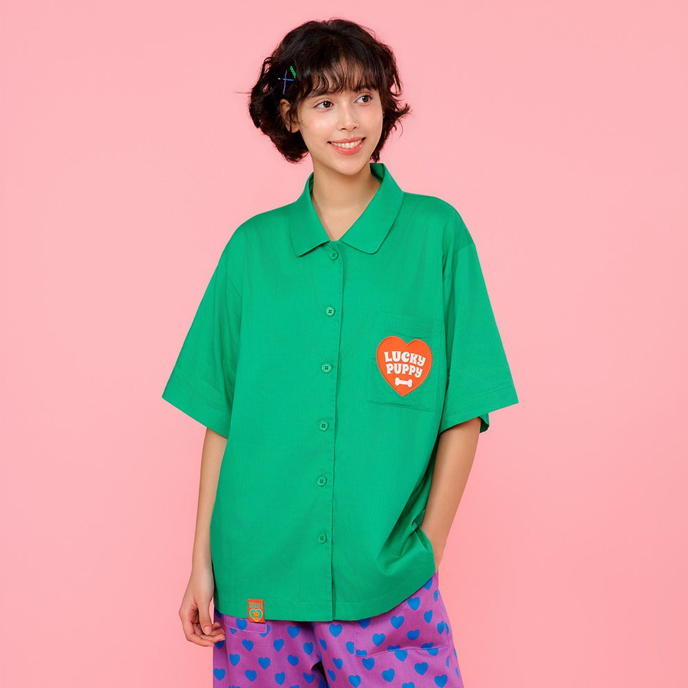 wiggle wiggle 短袖睡衣套裝 Lucky Puppy Green Heart（聚酯纖維／短袖睡衣／綠色愛心）