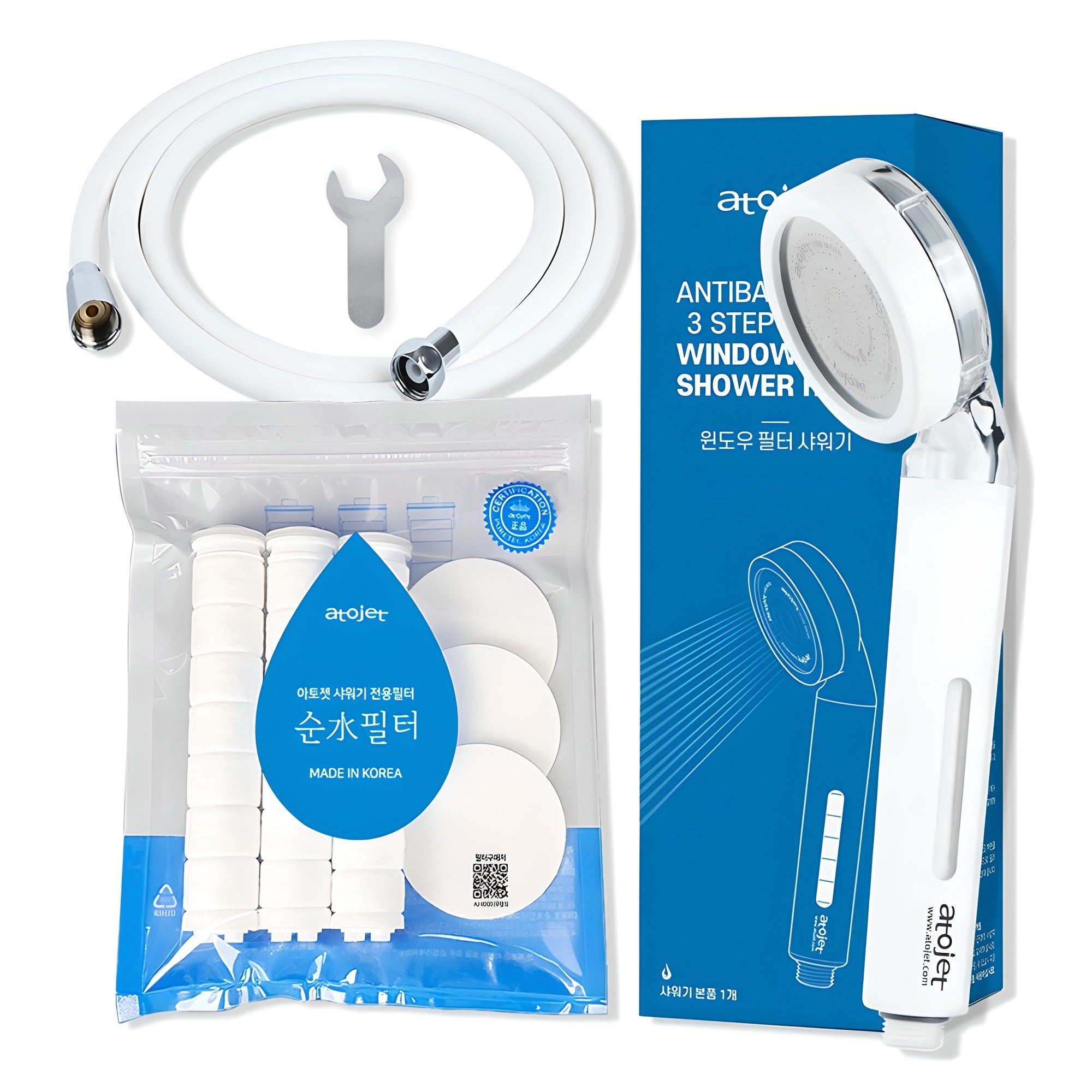 Atojet 淋浴噴頭主機+3頭部濾芯+3身體濾芯組+兩米水管1條