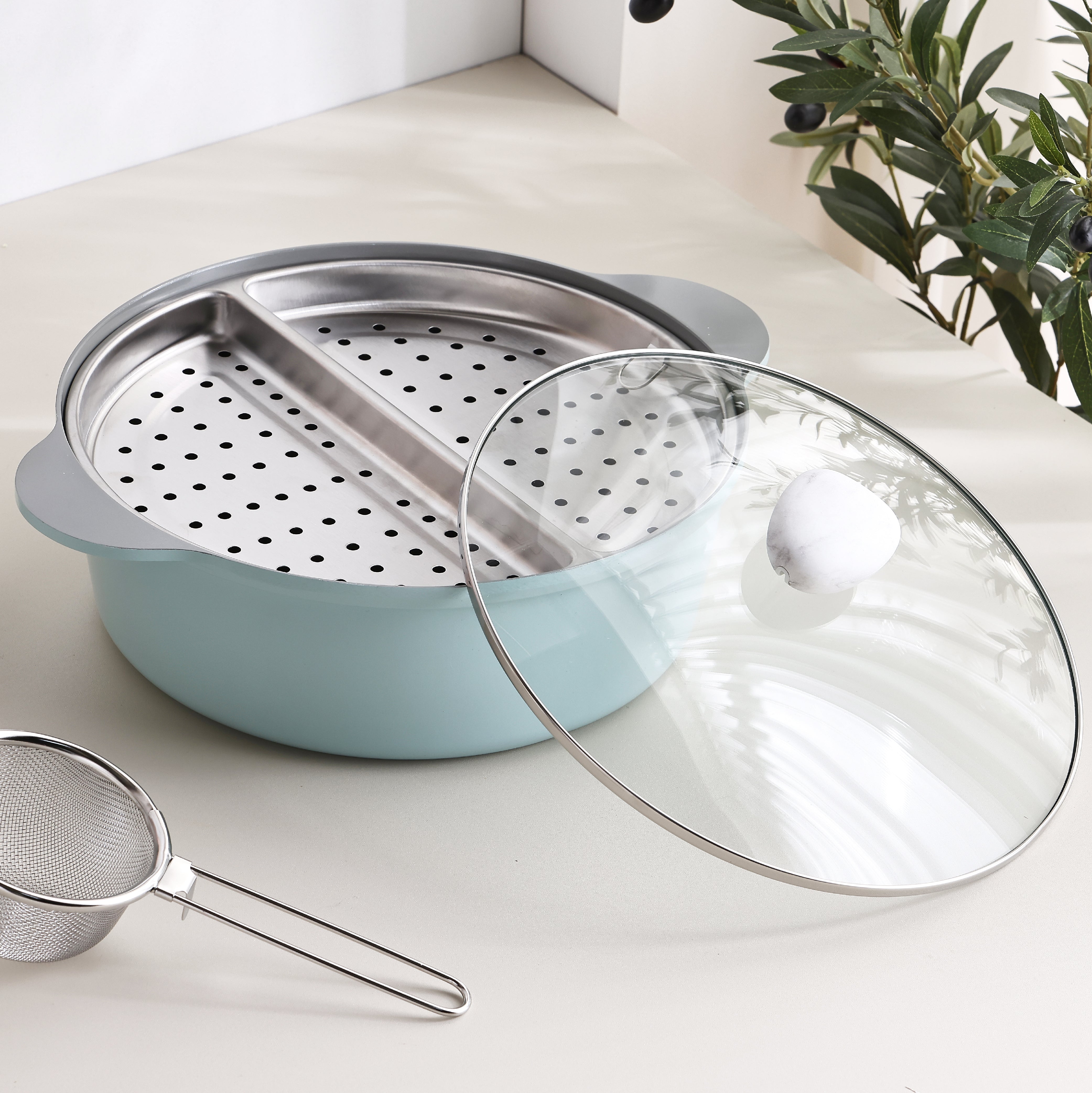 NEOFLAM 陶瓷鑄造30cm鴛鴦鍋 連鴛鴦蒸架