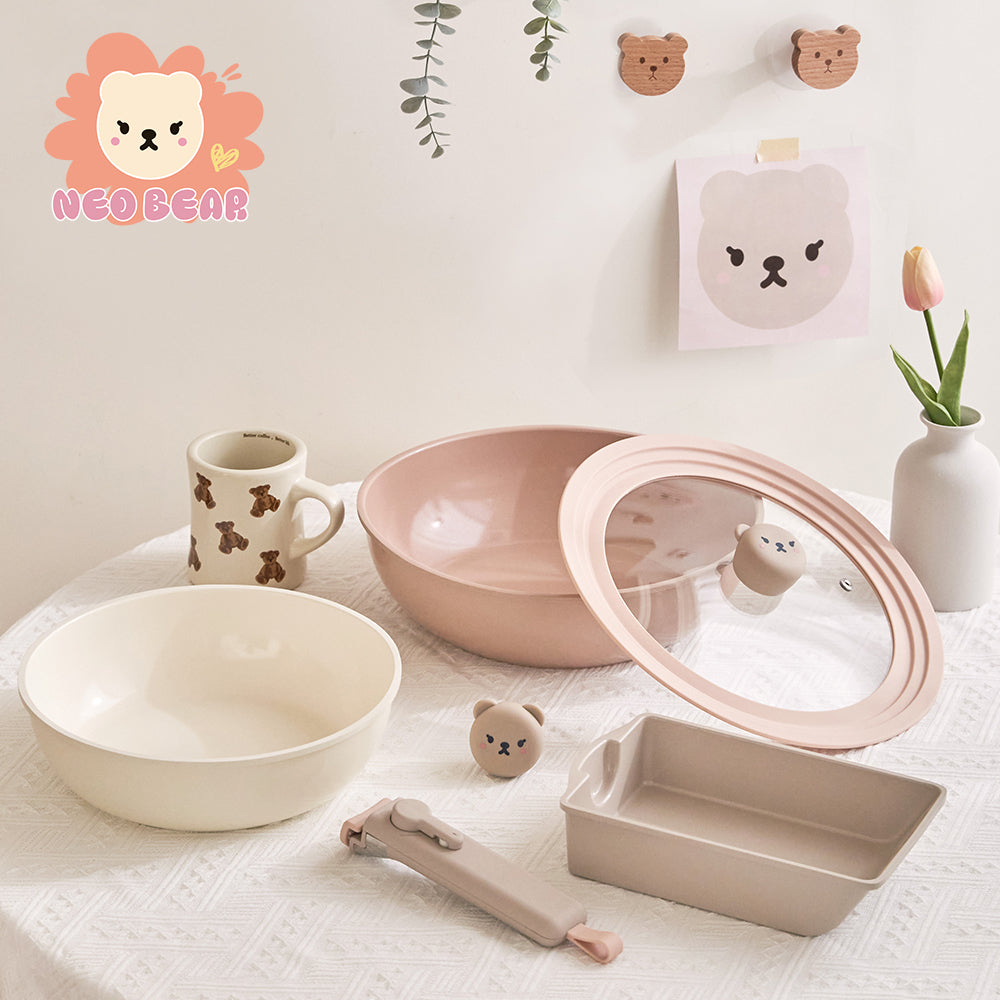 NEOFLAM Midas Plus 陶瓷塗層鍋5件組-小熊(噴砂全覆底-不挑爐具/IH爐可用)